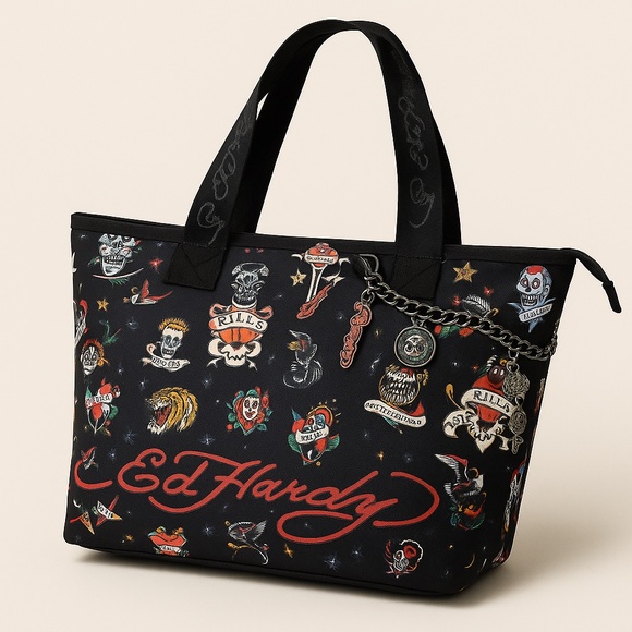 Ed Hardy Tattoo Print Tote Bag with Charms Skull Rose Logo Black Nylon NWT - Picture 1 of 9